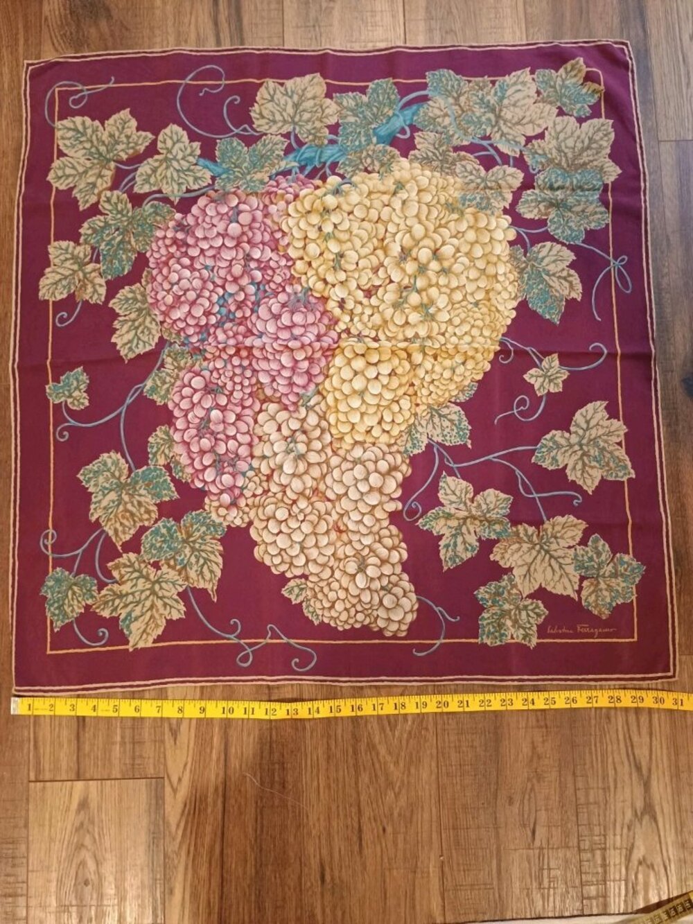 Vintage Salvatore Ferragamo Italy Grapes Motif Maroon Silk Scarf 31in Square - Picture 2 of 5
